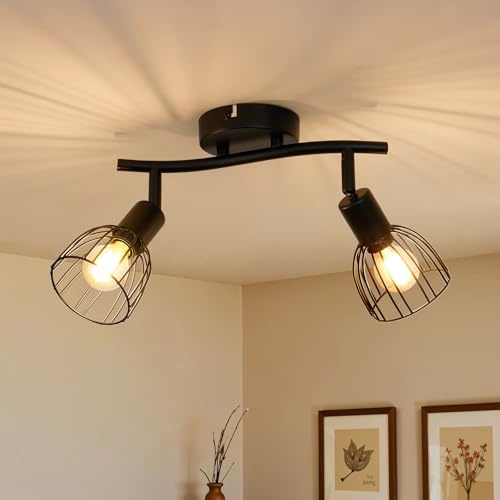 Leselux Lámpara de Techo 2 Focos Orientable, Industrial Focos LED Interior Techo Base E14, Foco de Techo Negro Apliques Pared Interior para Cocina Dormitorio Pasillo, Sin Bombillas