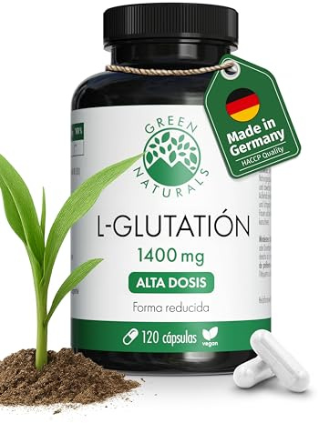 Green Naturals® Glutatión reducido de alta dosis – 1.400 mg procedente de fermentación natural – Vegano y sin aditivos – 120 cápsulas (60 días)