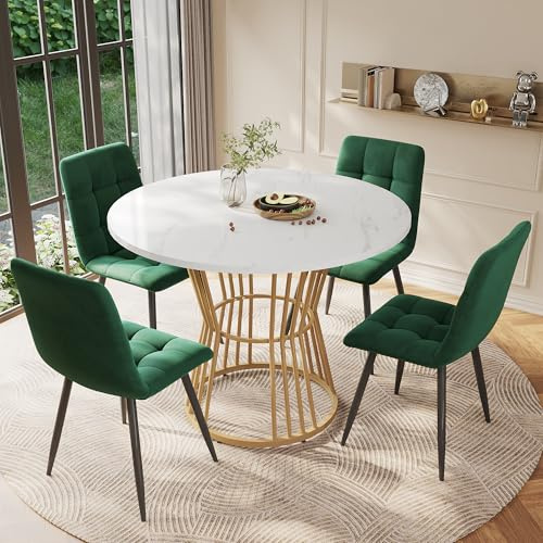 Matbord runt med 4 stolar, modern matgrupp 5 delar med robust metallram, runt köksbord av MDF med justerbara fötter, snygg design för matsal och kök