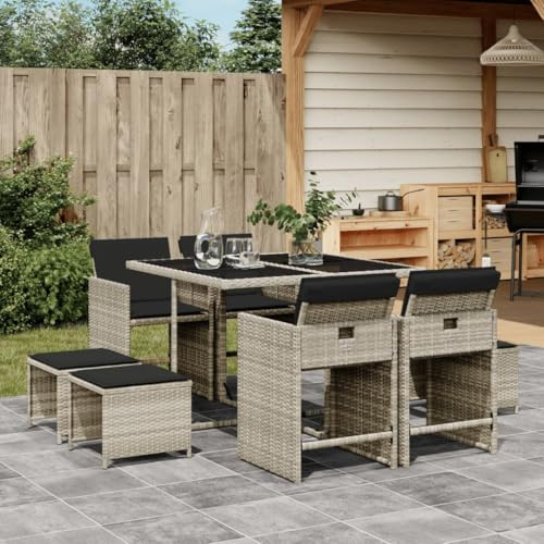 QJBSAVVA 9-TLG. Gruppo da giardino in rattan sintetico grigio con sedie pieghevoli, 110 x 106 x 73 cm, con cuscino, moderno set da balcone per terrazza, giardino, piccolo balcone