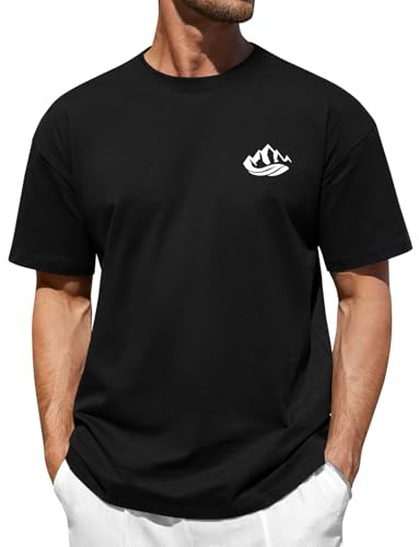 TOMEEK Magliette Uomo Manica Corta Oversize T-Shirt,100% Cotone T Shirt Girocollo Estive Maglietta Casual Tshirt Moda Vintage Stampa Relaxed Fit Top(Nero,M)