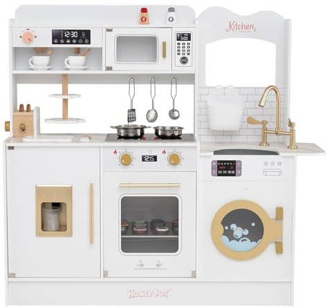COSTWAY Cocinita Infantil, Cocina Juguete Madera con Fogones, Luz, Sonido, Grifo, Horno Microondas, Cafetera, Tostadora y Dispensador de Hielo, Cocina Infantil de Madera para Niños de 3+ Años (Blanco)