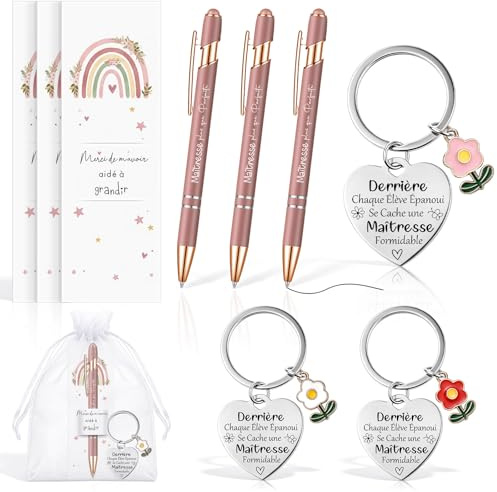 Nezyo Cadeaux Maitresse d'École Fin d'Année Porte Clef Gravé en Français Stylo à Bille Carte Merci Idee Cadeau pour Enseignants Scolaire Professeur ATSEM(3 Sets,Maîtresse Formidable)