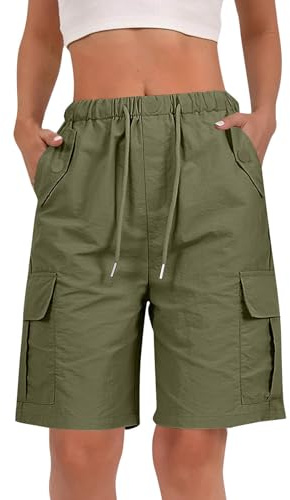 Youkly Cargo Shorts Women Knee Length Elastic Waist Drawstring | with Multiple Pockets Ladies Bermuda Shorts for Summer Casual Outdoor Walking Hiking Travel