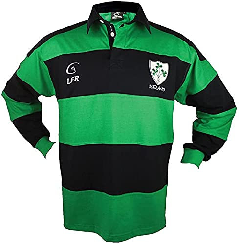 LIVE FOR RUGBY Herren Rugby-Shirt, Grüne und Blaue Streifen, Kragen, Langarm, XL