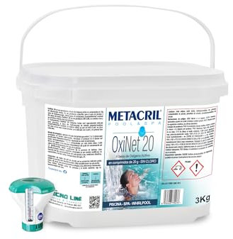 Metacril OxiNet 20 + Dosatore Galleggiante con Termometro, Ossigeno Attivo, in Pastiglie da 20 gr, Ideale per Piscina o Idromassaggio - 3 KG