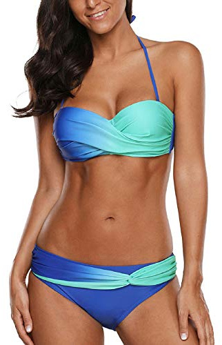 Tuopuda Costume da Bagno Donna Bandeau Bikini Set Push Up Imbottito Costumi Mare Due Pezzi Brasiliana Bikini Gradient Color Spiaggia Sexy Top Triangolo Reggiseno con Slip Vita Bassa, Blu, 44-48