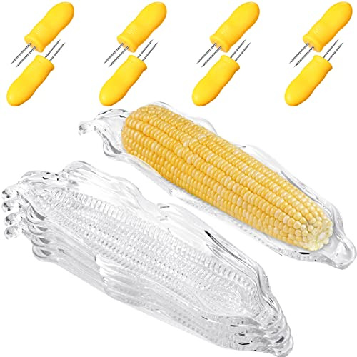 Juego de 12 soportes para mazorcas de maíz y platos transparentes, de acero inoxidable, herramienta de barbacoa y bandeja de plástico para maíz