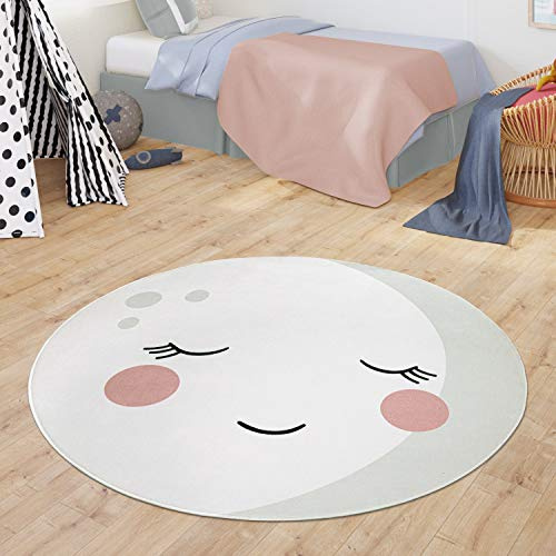TT Home Alfombra Infantil Redonda Bebé para Niños Niñas Diseño Luna Moderno, Color:Crema, Tamaño:80 cm Redondo