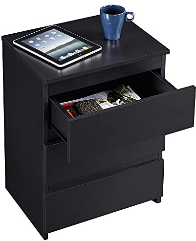 Yaheetech Comodino Camera da Letto Cassettiera Bianco con 3 Cassetti Mobiletto Moderno Tavolino Lato in Legno MDF per Soggiorno 45 x 35 x 60,5 cm Nero