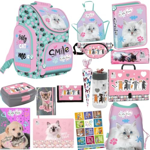 Goldkids Katze Cat Pastel Schulranzen ergonomischer Ranzen Zuckertüte Tagebuch Federmappe Turnbeutel Brotdose Trinkflasche Stiftetasche Sammelmappe Aufgabenheft für die Grundschule 13er Set XXL