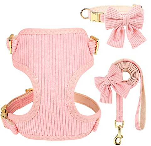 Didog Cute Small Dog Harness Collar and Leash Set with Bowtie, Breathable Soft Mesh Padded Puppy Harness, Pink Dog Harness for Parties, Holiday Gatherings & Gifts, Pink, S