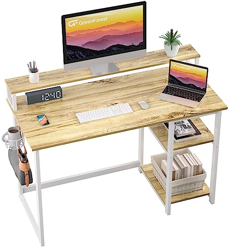 GreenForest 120 x 55 cm Schreibtisch Holz mit Regal und Monitorständer, Computertisch Eiche, Schreibtisch mit Stauraum, Beige