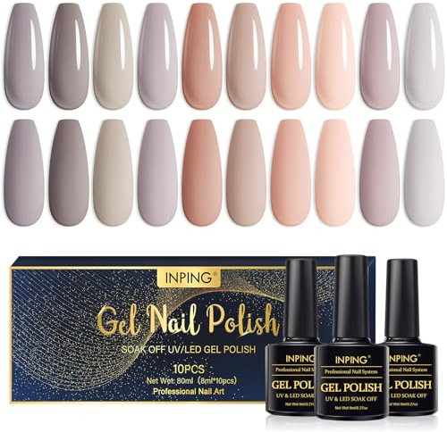 INPING Gel Nail Polish, 10 Colors Pale Nude Gel Polish Set, Natural Skin Tones Collection Light Brown Grey Nude Bare Apricot Beige Pink Nail Varnish Soak Off UV/LED for Beginner French Manicure Kit