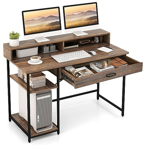 COSTWAY Scrivania con Cassetti, Supporto per Monitor e Ripiani Aperti, Scrivania Salvaspazio per Computer con Struttura in Metallo, Scrittoio per Studio e Ufficio, 120 x 56 x 90,5 cm, Marrone