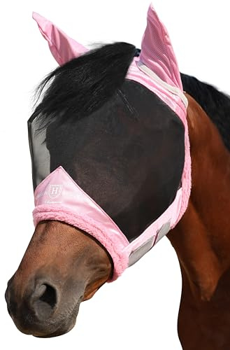 Harrison Howard Horse Fly Mask UV Protective Fine Mesh with Extra Wool Soft Touch on Skin Fly and UV Protection Light Pink L