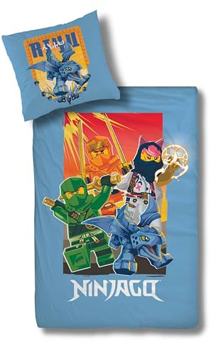 Bettwäsche 135x200, Lego Ninjago Lloyd, Sora, Arin und Drache Riyu, 100% Baumwolle, Reißverschluss, 1x Kissenbezug 80x80 + Bettbezug 135x200, Kinderbettwäsche Serie -Aufstieg der Drachen- Fanartikel