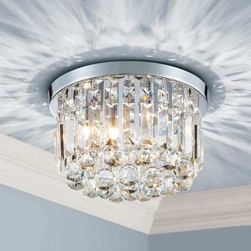 Ljustans kristallkrona, modern stil, halvinfälld taklampa perfekt för interiörer, D30 x H24 cm, E14-bas med 3 lampor, kromfinish