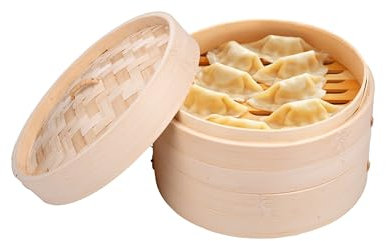 Panier Vapeur en Bambou - Panier Vapeur avec 2 Étages - 20 x 13,5 cm - 100% Bambou - Vapeur au-dessus d'une casserole - Adapté pour les boulettes, les légumes, le riz et plus - avec couvercle