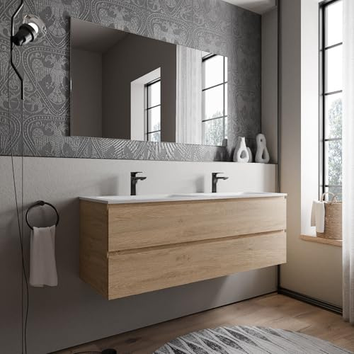 BERNSTEIN Badmöbel-Set Ava 140cm bestehend aus Mineralguss-Doppel-Waschbecken mit Unterschrank in Eiche honiggold, Waschtisch BRUXELLES - Weiß matt mit Hahnloch, Ideal für große Bäder