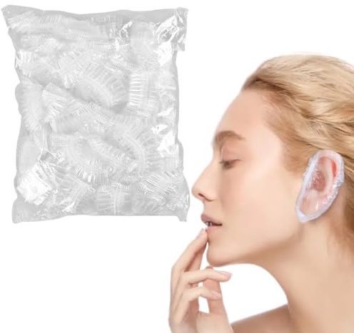 SIRLOMU 100 pezzi protettori per le orecchie impermeabili in plastica per tintura dei capelli, doccia, bagno, per uso domestico e salone di parrucchiere (trasparente)