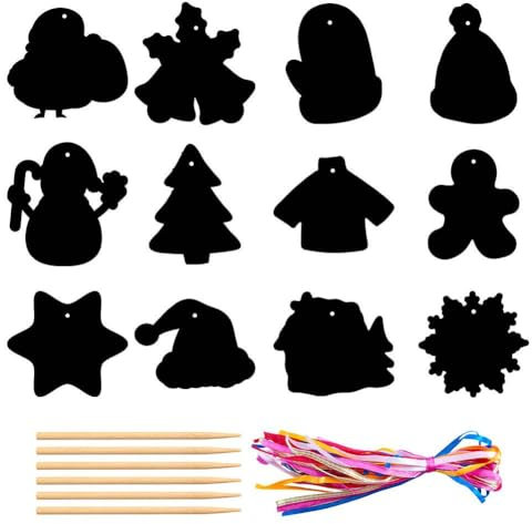 Kratzpapier für Weihnachten, 24 Stück, Bastelset, Regenbogen-Kratzkarten, Baum und für Weihnachts-Party-Spiel-Ornamente, Weihnachten