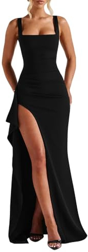 LAGSHIAN Women's Elegant Square Neck Sleeveless Bodycon High Split Ruched Long Formal Evening Dress Black