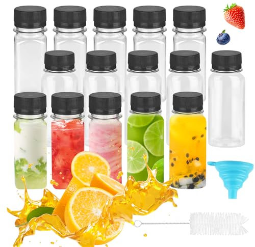 Xmart 16 Pcs Petite Bouteille Shot de jus 60ml/0.25oz Mini Bouteille Shot Réutilisables Petite Bouteille Plastique Transparentes Entonnoir et Brosse Pour les jus le Lait les Boissons