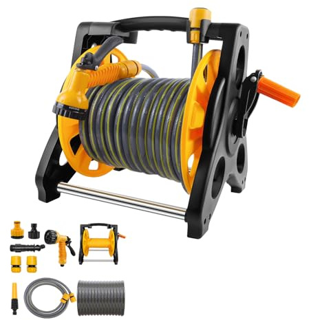 30M Heavy Duty Hose Reel Cart - 7 Spray Modes, Wall Mountable/Portable, UV Resistant Hose for Large Gardens & Driveway Cleaning