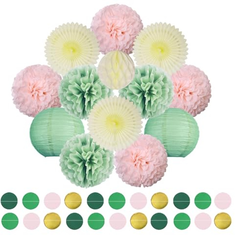 Etfrekfa Lot de pompons en soie vert sauge, papier vert rose, boules en nid d'abeille, décoration d'anniversaire, lampions en papier vert sauge, décoration de mariage, guirlande à pois, pour