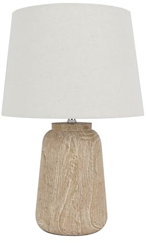 wilko Lindon Table Lamp, Resin Base with Natural Tree Bark Finish, Fabric Shade, Neutral and White