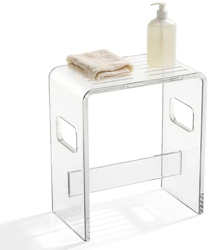 Sgabello da Doccia, Sedia da Doccia in Acrilico Trasparente (Portata 136kg) | Sgabello Trasparente Alto 43CM con Fessure di Drenaggio e Piedini Antiscivolo, Ideale per Sedersi