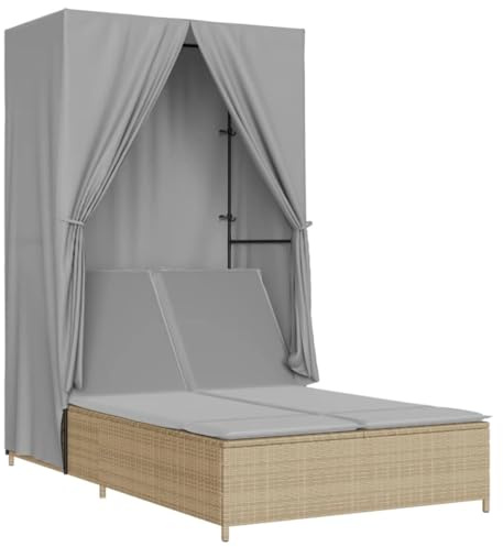 Mokuyary Sedia a sdraio doppia con tetto e tende beige resina intrecciata, lettino da giardino, schienale regolabile in 4 posizioni, bagno da sole, mobili per spiaggia, terrazza, balcone, A1