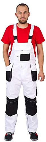 Gama JM FORECO-B White, Grey, Black Bib and Brace Overalls Mens Work Trousers Knee Pad Dungarees Multi Pocket Clasic and Knee Pads Painters (White, UK 34-36 / EU 52)