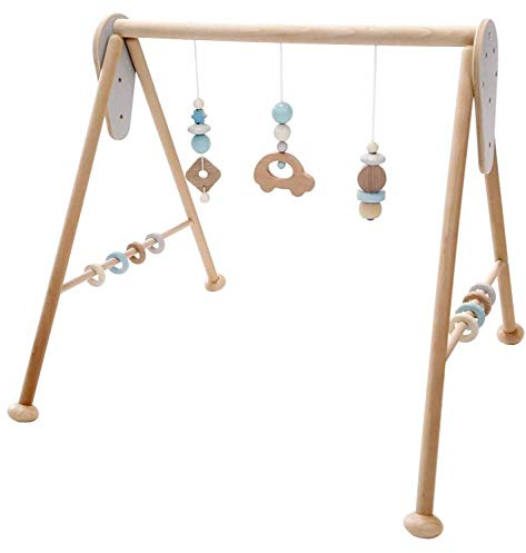 Hess Holzspielzeug 13383 - Spielgerät aus Holz, Serie Auto, für Babys, handgefertigter Spielbogen mit Figuren und Rasseln, nature blau, ca. 60 x 58 x 55 cm