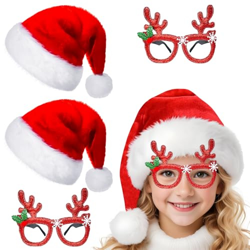 QLINLEAF Red Santa Hat for Kids Plush Christmas Hats for Xmas Holiday Party for Children