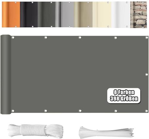 WEALSFUN Balkon Sichtschutz Balkonabdeckung (390Größen & 8 Farben) Balkonverkleidung Ohne Bohren blickdichte Wind UV-Schutz mit Ösen Kabelbinder Kordel,90X300CM Grau