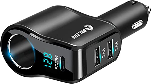 BOLTHO 120W Adattatore distributore accendisigari splitter 4 in 1, caricatore per auto PD20W, caricatore doppio USB per auto da 4,8A con voltmetro digitale a LED