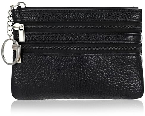 Aucuu Coin Purse Leather Zipper Wallet Card Holder Key Case Women Mini Wallet, with 3 Compartments & Keychain, Small & Lightweight, Easy to Carry, 12 * 8 CM (Black)
