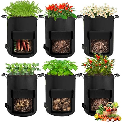 SunStream Potato Grow Bags with windows (7Gal-6Pack) 27L Breathable Fabric Plant Vegetable Growing Bag Planting Tomatoes, potato, Vegetables, Strawberry with Window Flap and Handles