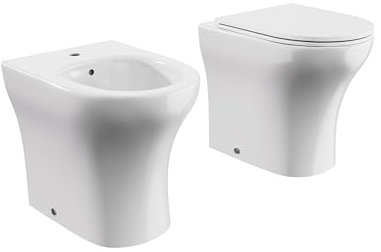 Sanitari in Ceramica Filomuro Vaso Bidet Rimless Bianco Lucido Sedile Soft-close Chiusura Rallentata Mod. Nassau