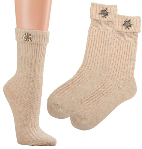 krautwear Chaussettes traditionnelles pour homme, femme et enfant - Style maison de campagne - Avec broche Edelweiss - Beige - Tailles 35-38, 39-42, 43-46, 1 paire., 43-46