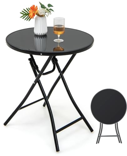 KOMFOTTEU Fällbart trädgårdsbord, runt balkongbord Ø 59 cm, fällbord med bordsskiva av härdat glas, campingbord av metallram, sidobord för terrass, veranda, pool
