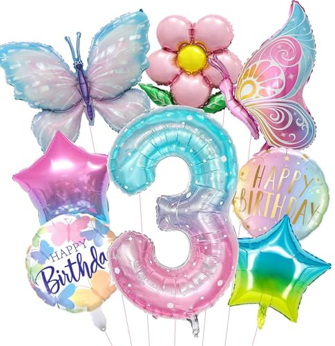 DazzJoy Schmetterling Luftballon Geburtstagsdeko 3 Jahre Mädchen - Folienballon und Luftballons für 3. Geburtstag