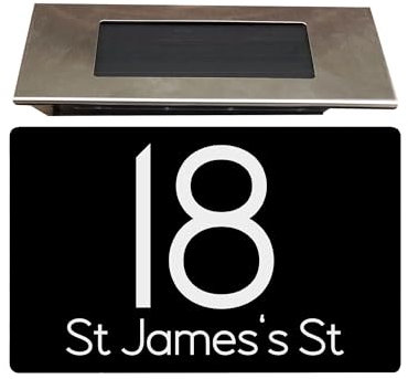 Housics Personalised House Sign with Solar Light | Made from Composite Aluminum – Fully Durable and Waterproof Plaque | Custom with Any Door Number & Street Name (BLACK, 280mm x 160mm)