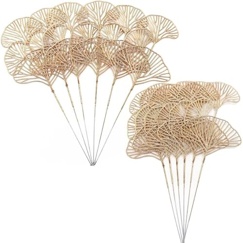 Artificial Gold Ginkgo Stems 14 Inch Apricot Leaves 12 Pack, Fake Golden Plant Leaf Glitter Picks Bushes Faux Flowers Branch Decor for Indoor Outdoor Home Garden Vase Wedding Xmas Christmas Decoration