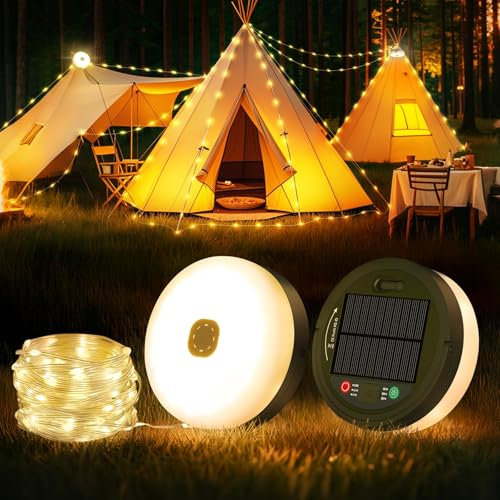 Famgoods Camping String Lights, 32.8Ft Solar & USB Retractable Camping Lights with 8 Lighting Modes, IP65 Waterproof Portable Solar Camping Lights for Outdoor, Tent, RV, Yard, Party, Warm White