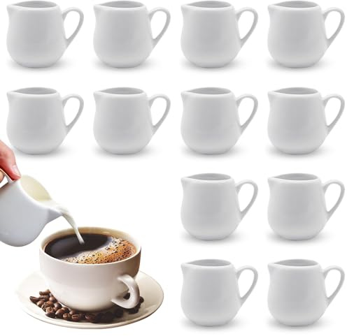 Foreverup 12 piccole brocche per il latte, 50 ml, in ceramica bianca, piccola brocca per sugo con manico, mini brocche riutilizzabili per lattiera, salse, zuccheriera, sciroppo, per caffè, tè, salsa