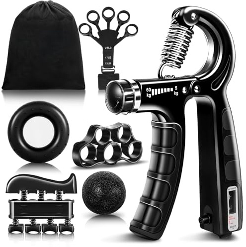 flintronic Handtrainer Trainingsset 6-teilig, Unterarmtrainer mit Integrierter Zählfunktion, Einstellbarer Widerstand 5-60kg, Fingertrainer für Fitness, Klettern, Krafttraining, Handrehabilitation