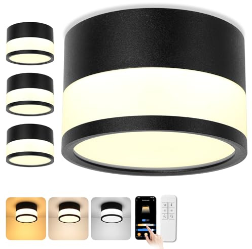 URing 4x Spot LED Surface Dimmable, IP65 Plafonnier Spot avec Télécommande APP, 12W Spots de Plafond Noir 2700K-6500K Spot Plat Surface Aluminium 220V Rond Plafonnier Salle de Bain, Ø109mm